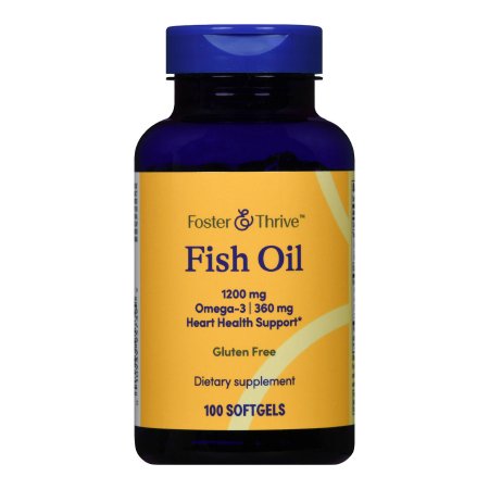 A blue bottle of Foster & Thrive Omega 3 Fish Oil Supplement shows 1200 mg for heart and joint support, 360 mg Heart Health Support, gluten free, with 100 softgels all on a yellow background.