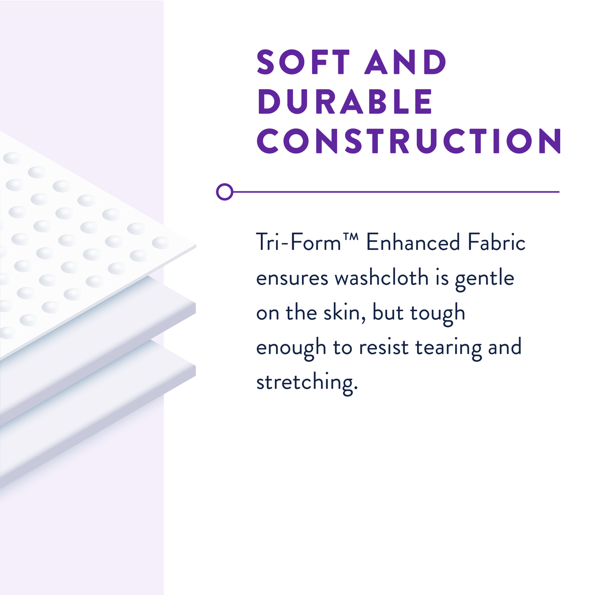 A close-up of Prevail Premium Quilted Adult Washcloths highlights soft, durable Tri-Form™ Enhanced Fabric—gentle on skin yet strong to prevent tearing and stretching.