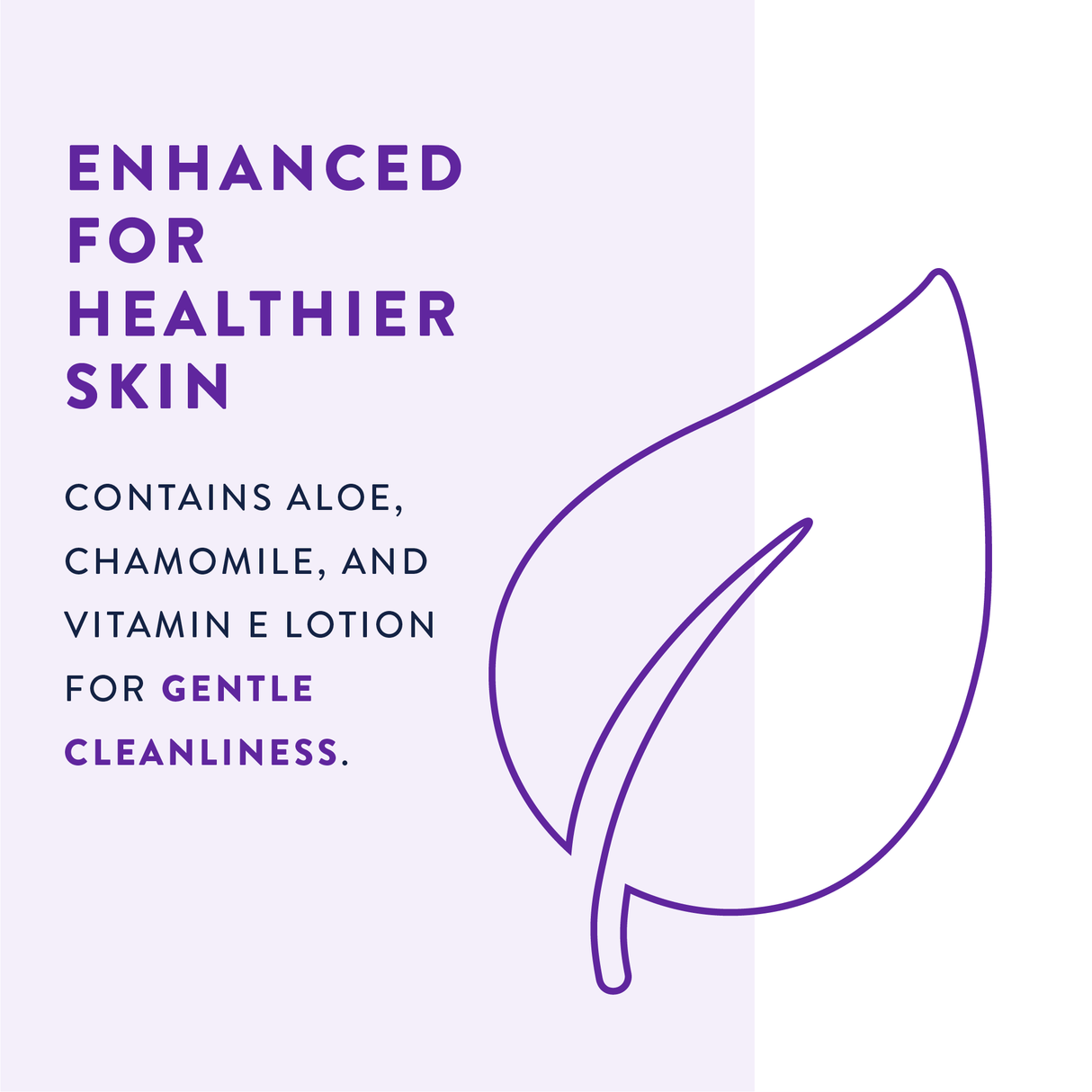 A graphic with a purple leaf outline and the text: Enhanced for healthier skin. Prevail Premium Quilted Adult Washcloths by Prevail feature aloe, chamomile, and vitamin E for gentle cleansing on a light purple and white background.