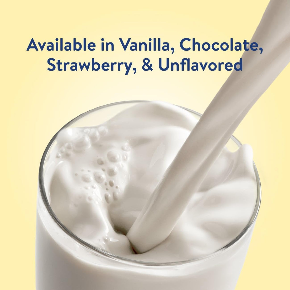 A close-up of milk pouring into a glass, bubbles on top. Text reads: Available in Unflavored. Features Abbott Nutrition’s PediaSure Peptide 1.0 Cal pediatric nutrition formula (24/CS) for young ones on a light yellow background.