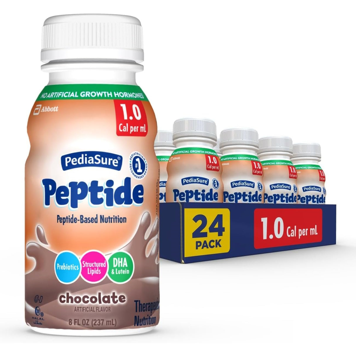 A bottle of Abbott Nutrition PediaSure Peptide 1.0 Cal, Chocolate is shown in front of a 24-pack. The label highlights hydrolyzed whey protein, prebiotics, structured lipids, DHA, lutein, and 1.0 Cal/mL.