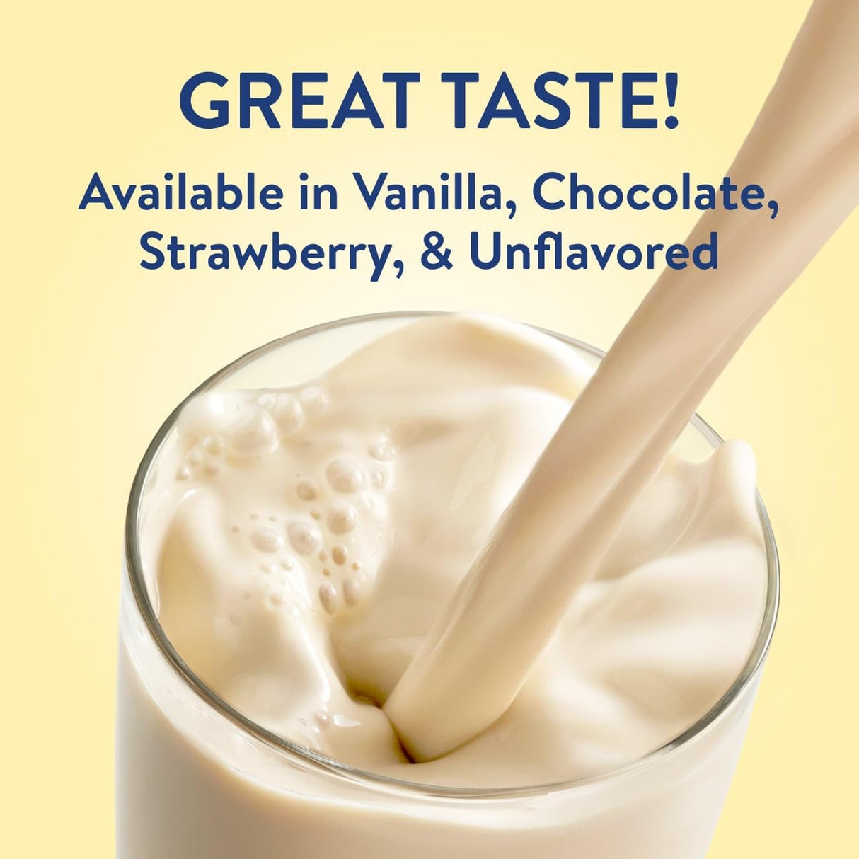 A creamy beverage, Abbott Nutrition’s PediaSure Peptide 1.0 Cal Strawberry, is poured into a glass with bubbles forming. “GREAT TASTE! Available in Vanilla, Chocolate, Strawberry & Unflavored.” Ideal for peptide-based pediatric nutrition. Soft yellow background.