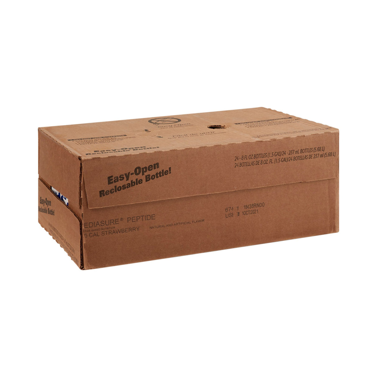A closed brown cardboard box labeled Easy-Open Reclosable Bottle! and shipping details contains Abbott Nutrition PediaSure Peptide 1.0 Cal, Strawberry flavor, 24/CS—a peptide-based pediatric nutrition formula.