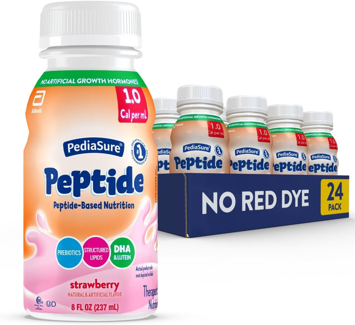 A bottle of Abbott Nutrition’s PediaSure Peptide 1.0 Cal, Strawberry, 24/CS stands before a NO RED DYE case, highlighting its peptide-based formula with prebiotics, DHA, and 1.0 cal/mL for pediatric nutrition.