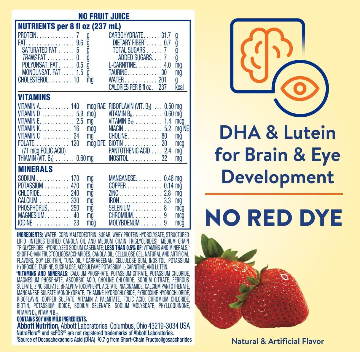 The yellow nutrition label for Abbott Nutritions PediaSure Peptide 1.0 Cal, Strawberry, 24/CS lists ingredients and nutrition facts, highlights DHA and lutein for brain and eye support, contains no red dye, and features strawberries at the bottom.