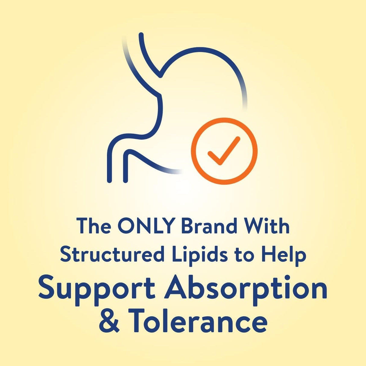 A stylized outline of a stomach with a checkmark icon beside it. Below, text reads: PediaSure Peptide 1.0 Cal by Abbott Nutrition—the ONLY peptide-based pediatric formula with Structured Lipids to help support absorption & tolerance—on a light yellow background.