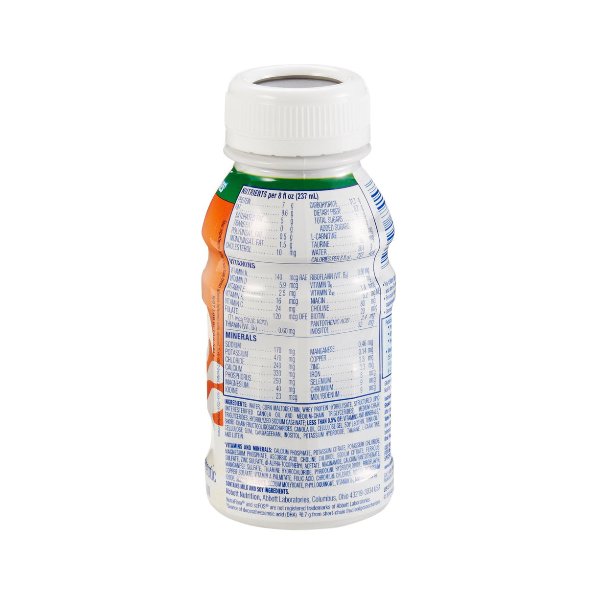A plastic bottle of Abbott Nutrition PediaSure Peptide 1.0 Cal, Unflavored, with a white cap is shown on a white background; the back label displays nutrition facts and ingredients like hydrolyzed whey protein. The front label is partially visible.