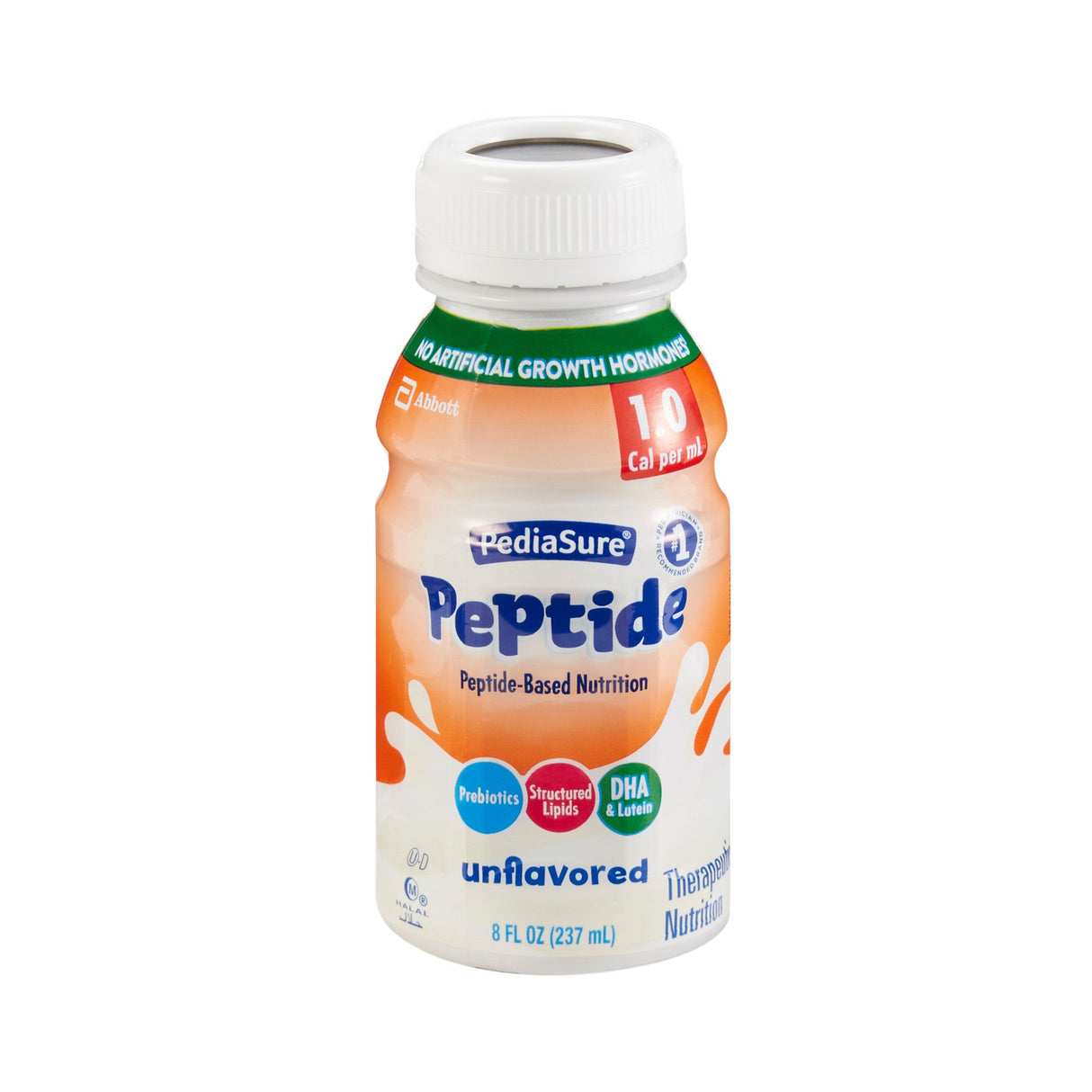 PediaSure Peptide 1.0 Cal, Unflavored by Abbott Nutrition provides 240 calories per 8 fl oz bottle with hydrolyzed whey protein, prebiotics, DHA, and no artificial growth hormones; available in a case of 24.