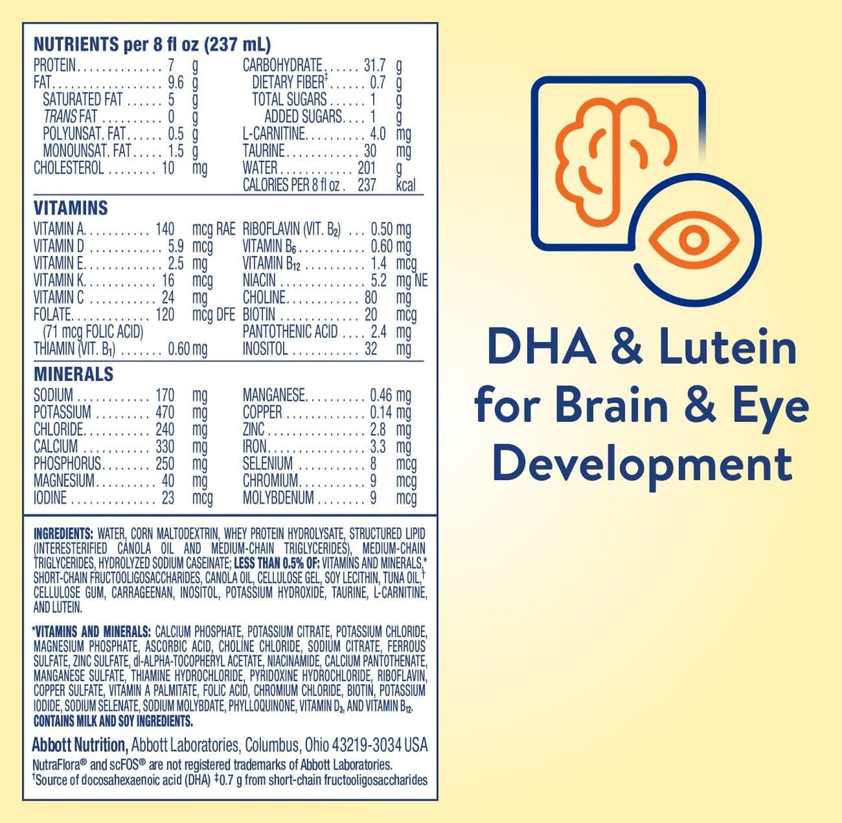 PediaSure Peptide 1.0 Cal, Unflavored by Abbott Nutrition: Pediatric nutrition formula with hydrolyzed whey protein. Features brain and eye graphic with text “DHA & Lutein for Brain & Eye Development” on a yellow background. Pack of 24.