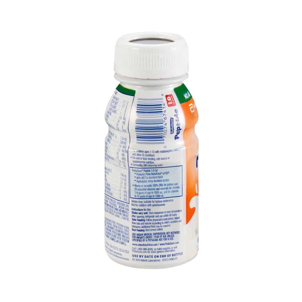 An unflavored PediaSure Peptide 1.0 Cal bottle by Abbott Nutrition, mostly white with blue and orange accents, a white cap, and label showing nutrition facts and barcode—designed for pediatric nutrition; available in 24/CS packs.