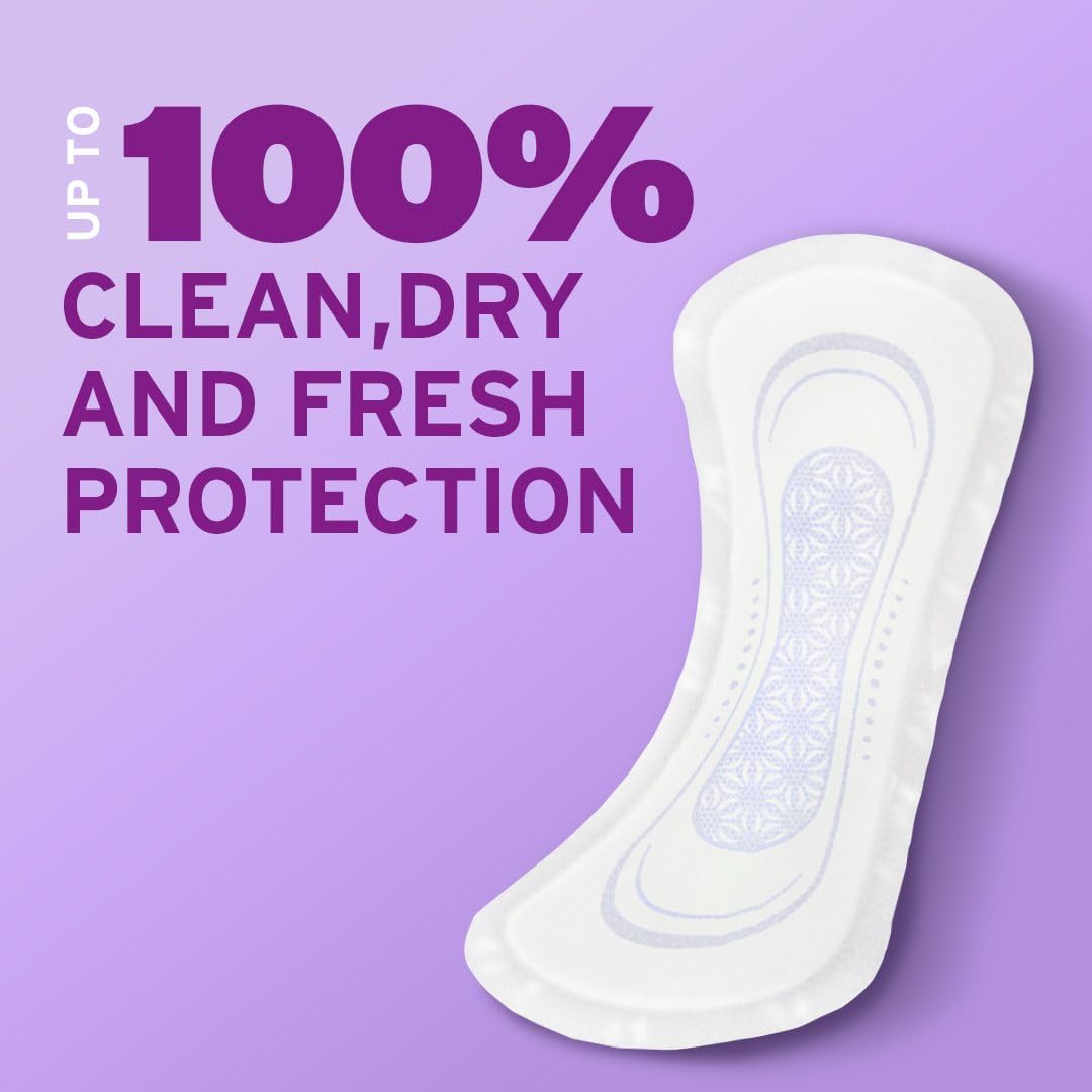 A Poise Microliners, 1 Drop Lightest Absorbency, Long Length pad on a purple background with the text: Up to 100% clean, dry and fresh protection from light bladder leaks in bold purple letters.