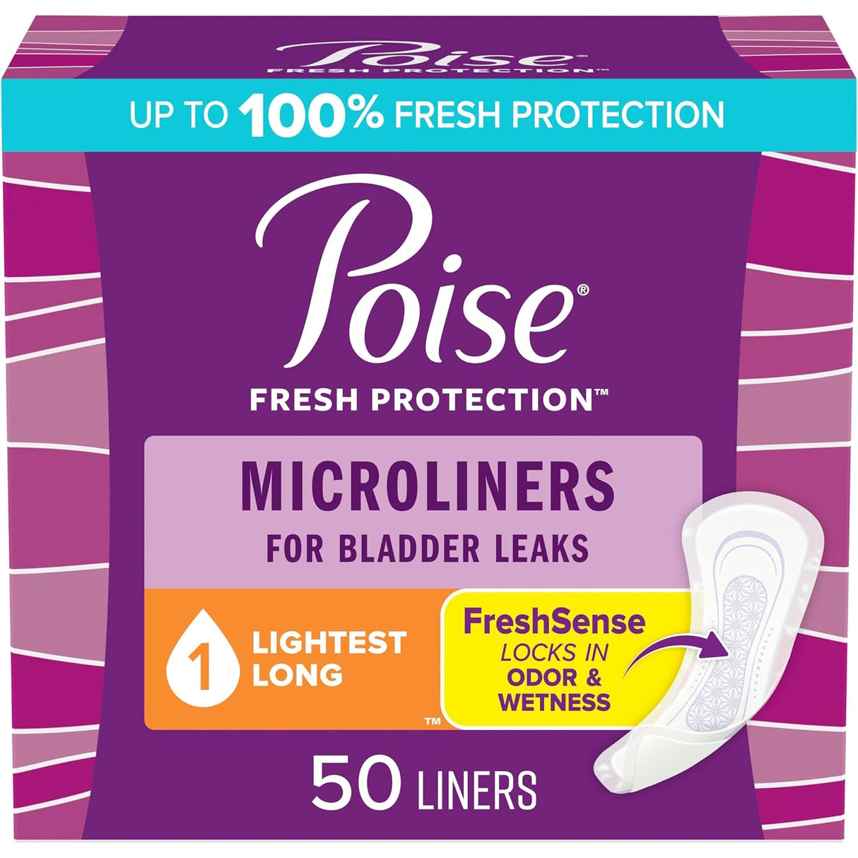 Front of a Poise Microliners, 1 Drop Lightest Absorbency, Long Length box for light bladder leaks, featuring Up to 100% Fresh Protection, FreshSense, and 50 liners with an illustration of a liner on the right side. Brand: Poise.