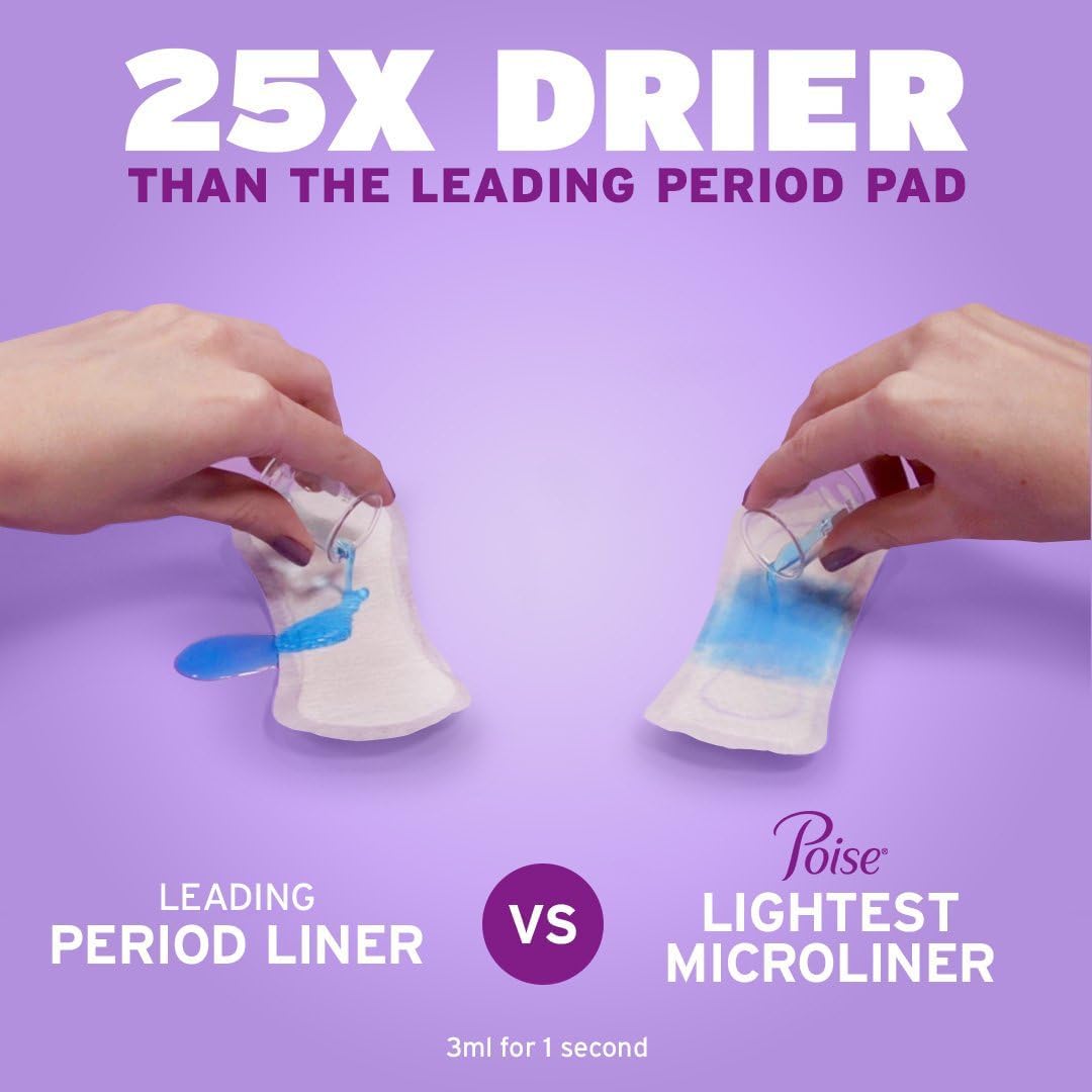 Two hands pour blue liquid onto two pads. The left pad leaks, while Poise Microliners, 1 Drop Lightest Absorbency, Long Length easily absorb it—staying 25X drier than the leading period pad. Leading liner vs Poise. Purple background.