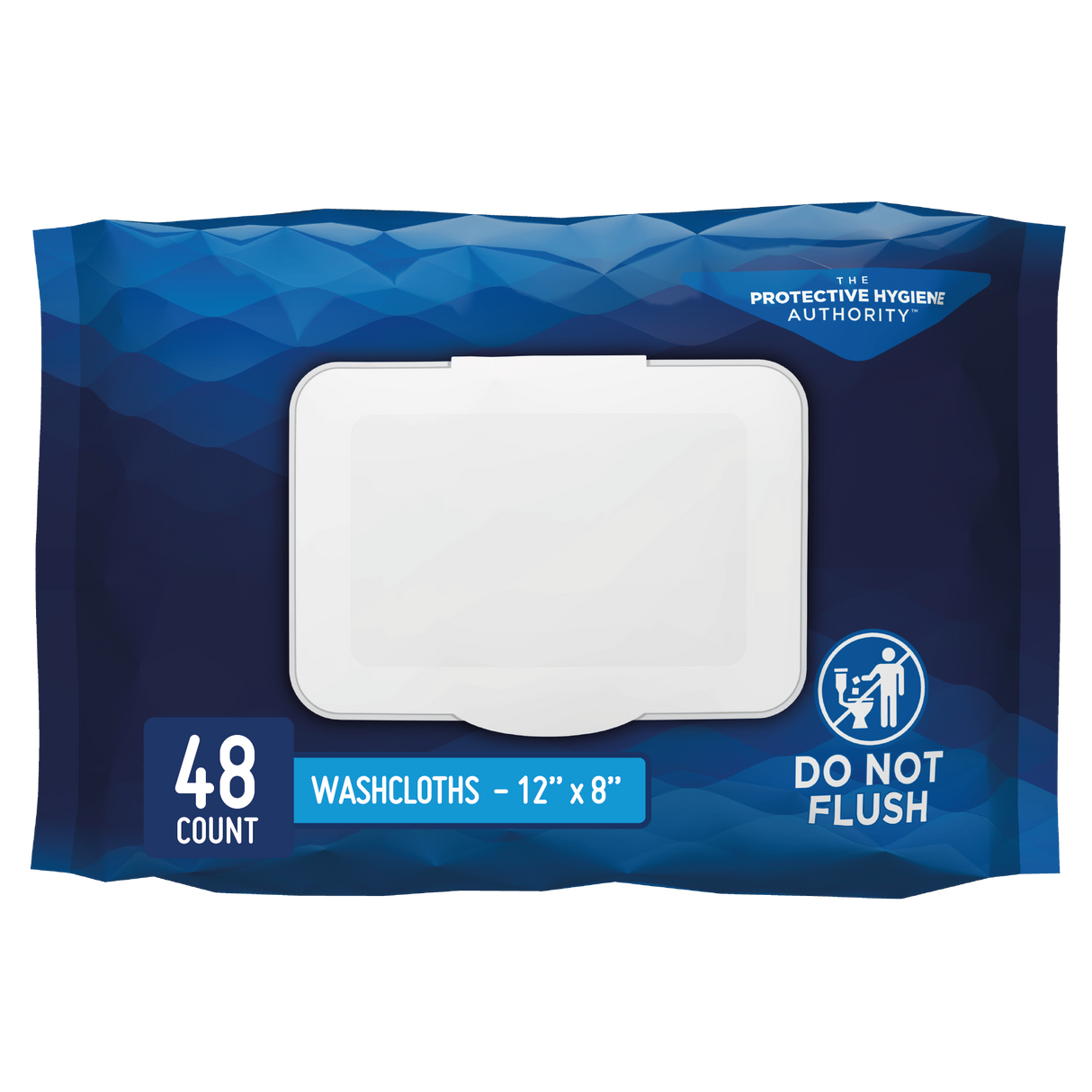 The Prevail Soft Pack Washcloths by Prevail come in a blue pack of 48, each 12x8 inches, with lotion enrichment, a white plastic dispenser lid, and a Do Not Flush warning on the front.