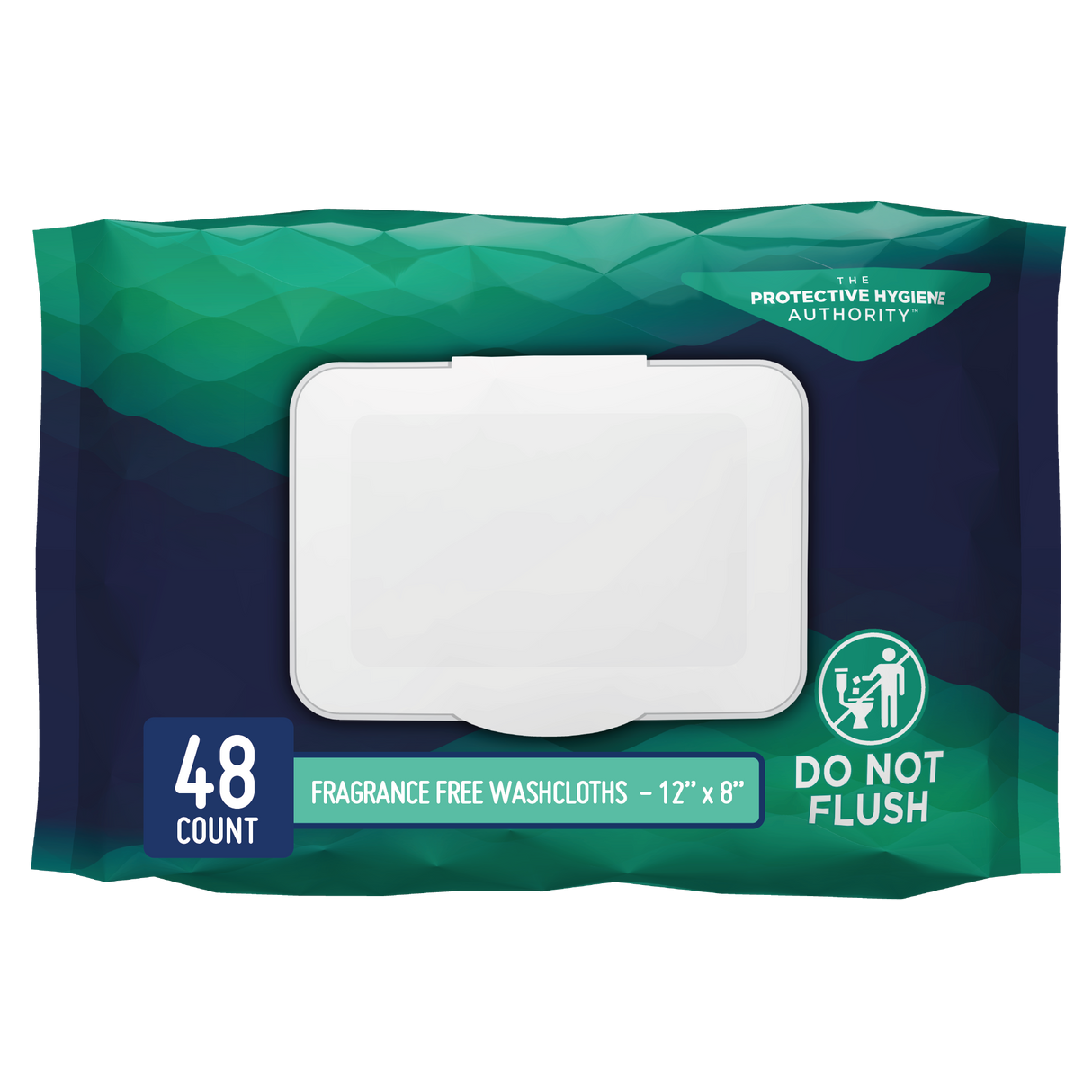 Prevail Adult Personal Wipes, Unscented, 48-count pack with white dispenser lid. Green and blue packaging highlights skin wellness, labeled DO NOT FLUSH. Fragrance-free wipes by Prevail for gentle adult cleansing. Size: 12 x 8 inches.