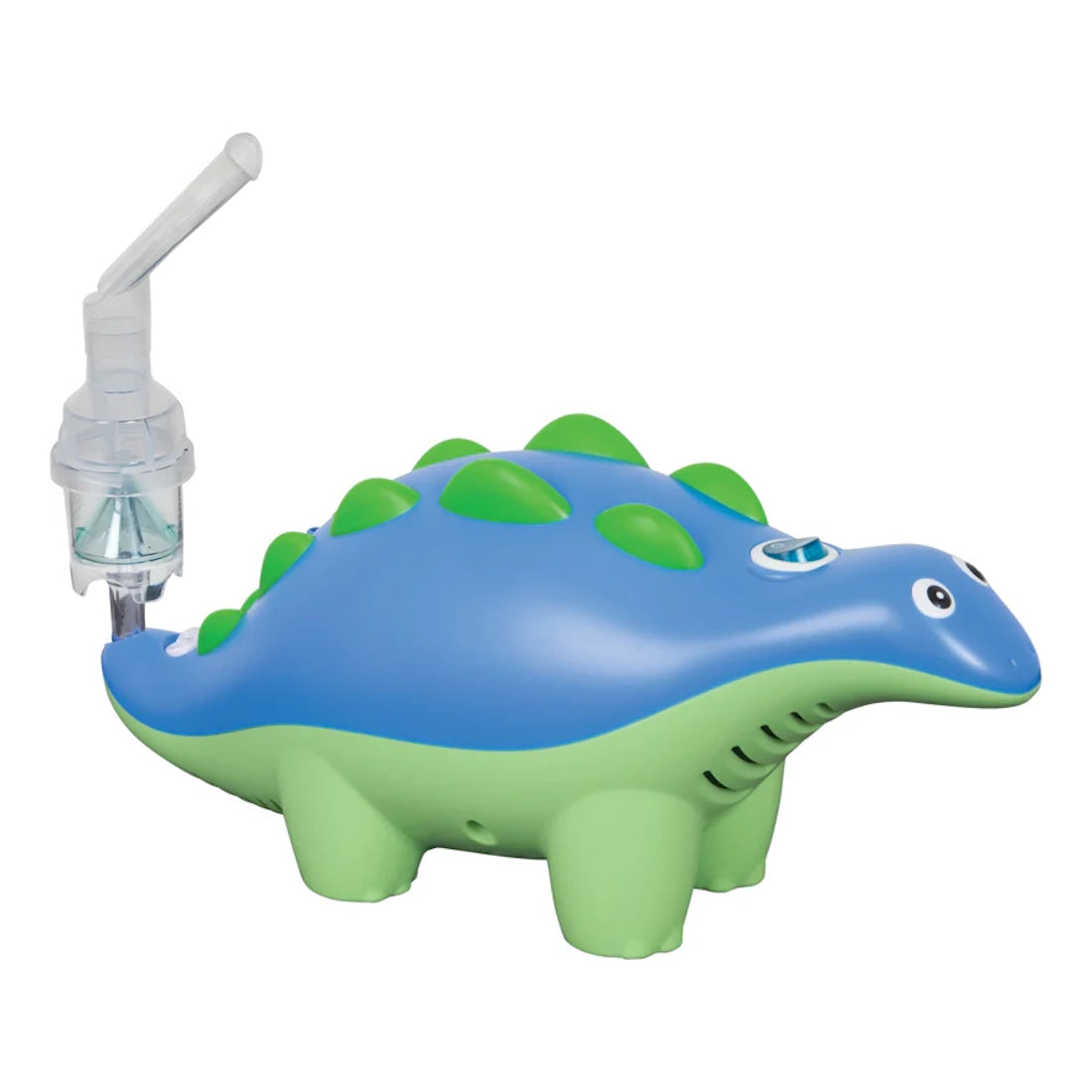The Roscoe Dinosaur Pediatric Nebulizer System by Roscoe Medical features a blue and green dinosaur design with a clear mouthpiece on its tail, specially made for childrens respiratory treatments. Includes disposable neb kit.