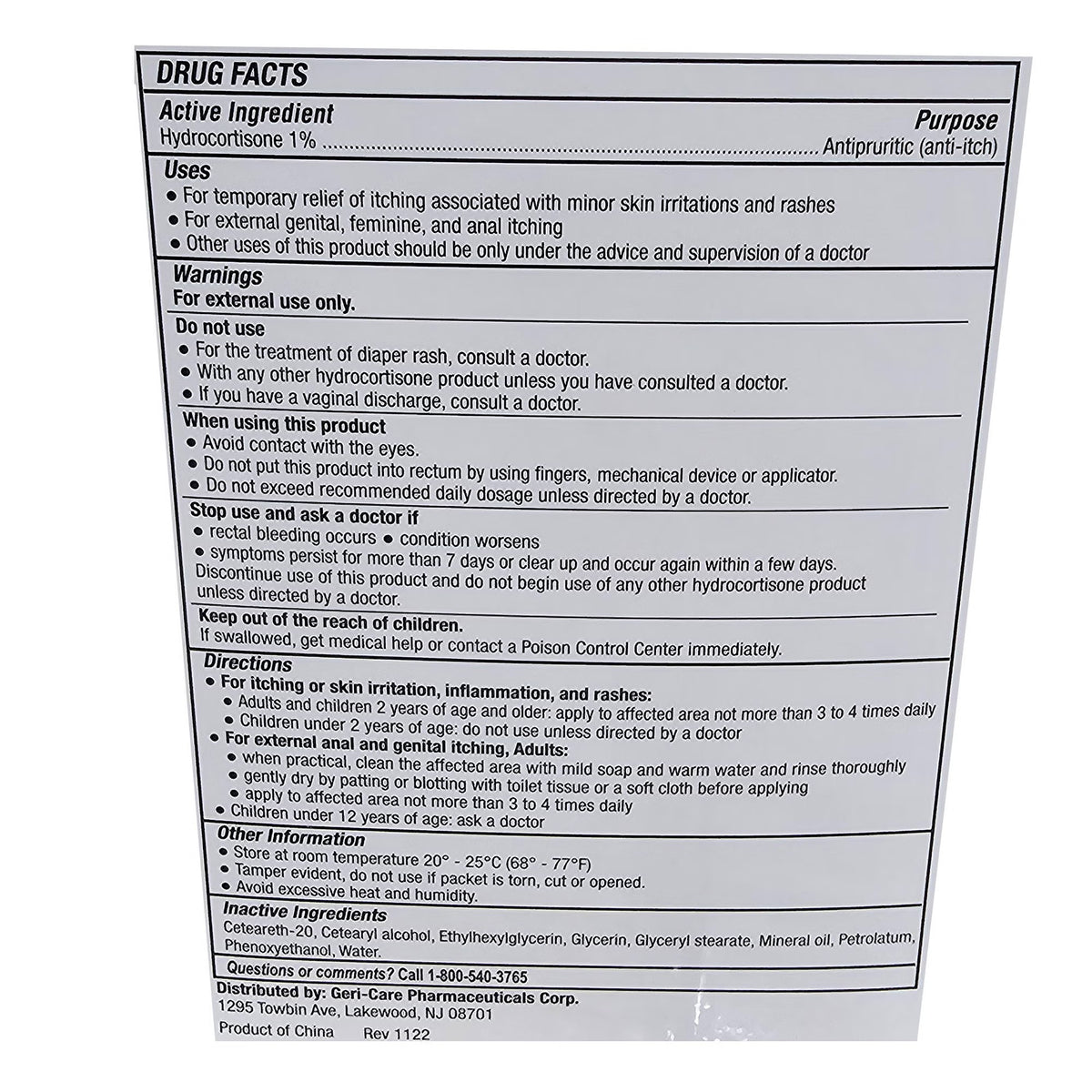 Geri-Care Hydrocortisone Anti-Itch Cream, 1%, 0.9 g Packet - S146-14-GCP - LL Medico