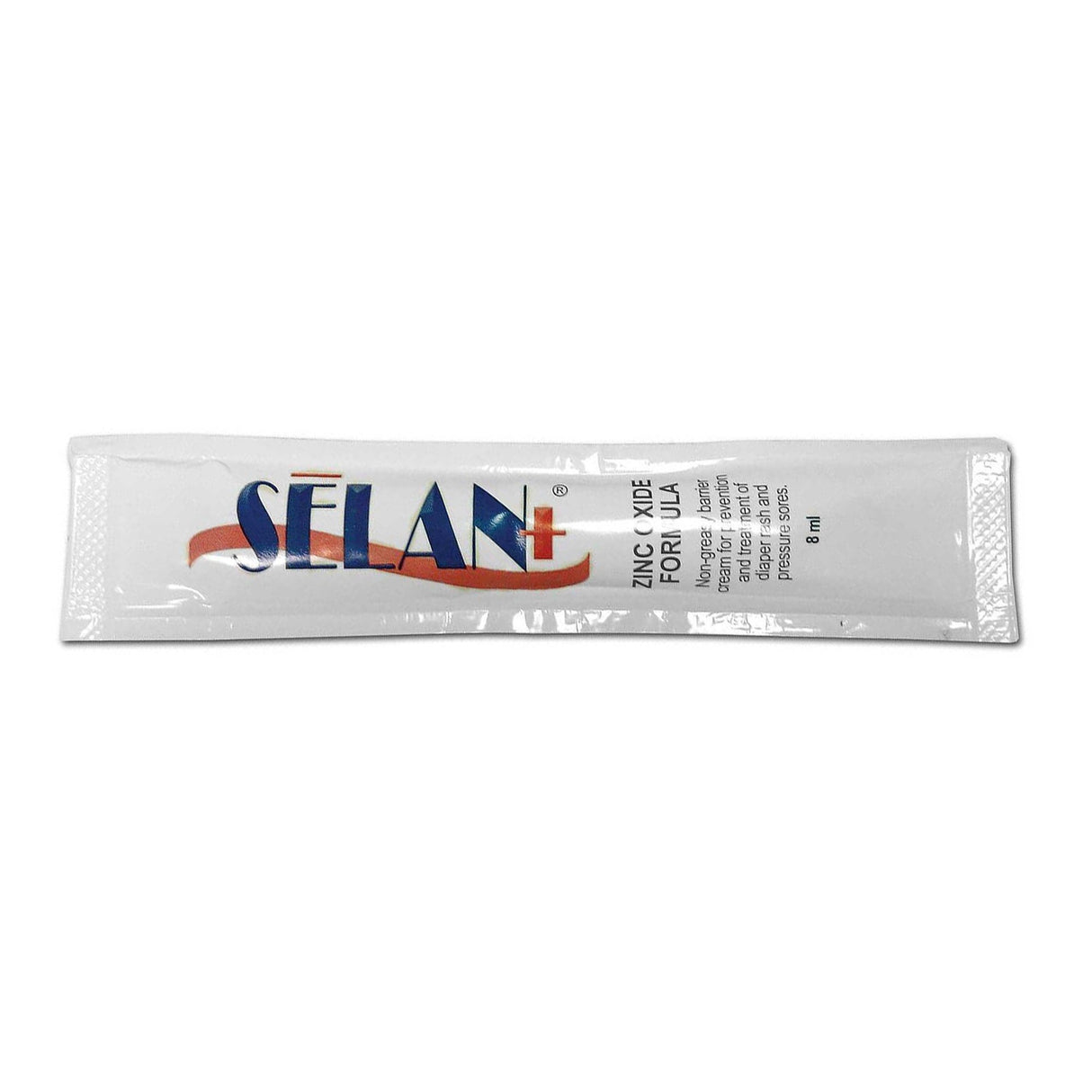 A single-use 8ml packet of Selan+ Zinc Oxide Barrier Lotion, Scented, with the Selan+ brand name in blue and orange on a white background. The sealed packet lists usage and ingredients, ideal for sensitive skin.