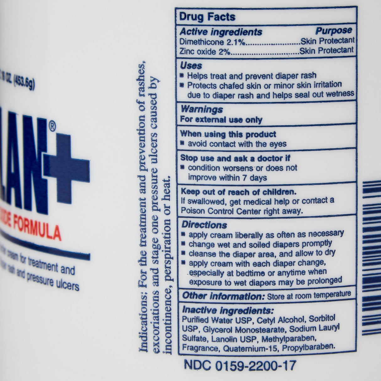 Close-up of the Selan+ Zinc Oxide Barrier Lotion, Scented label showing drug facts, active/inactive ingredients, uses, warnings, directions, and Selan+ branding. Blue and black text on white for sensitive skin.