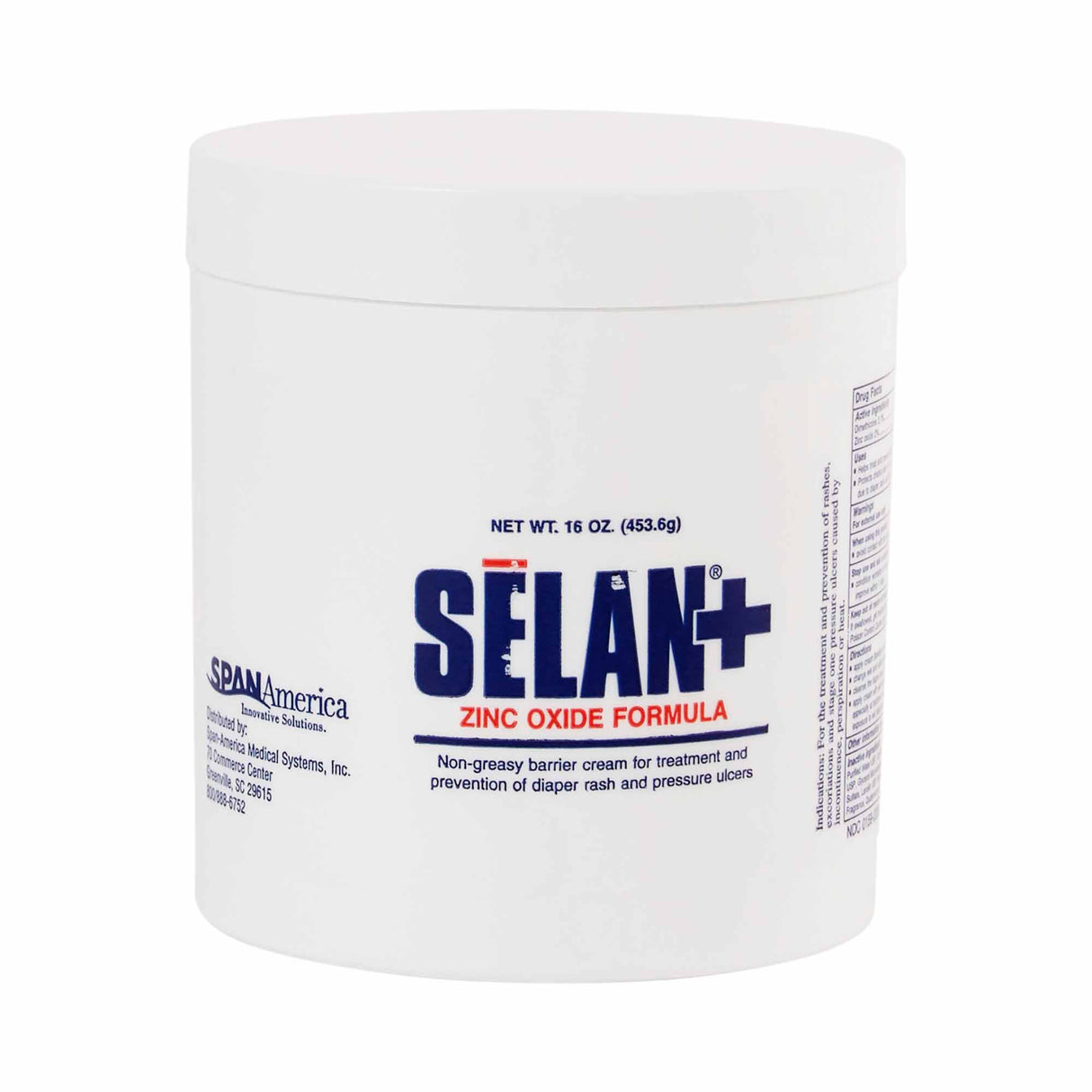 A white plastic container labeled Selan+ Zinc Oxide Barrier Lotion, Scented—a zinc oxide lotion by Selan+ for treating and preventing diaper rash and pressure ulcers—ideal for sensitive skin. Net weight: 16 oz (453.6g).