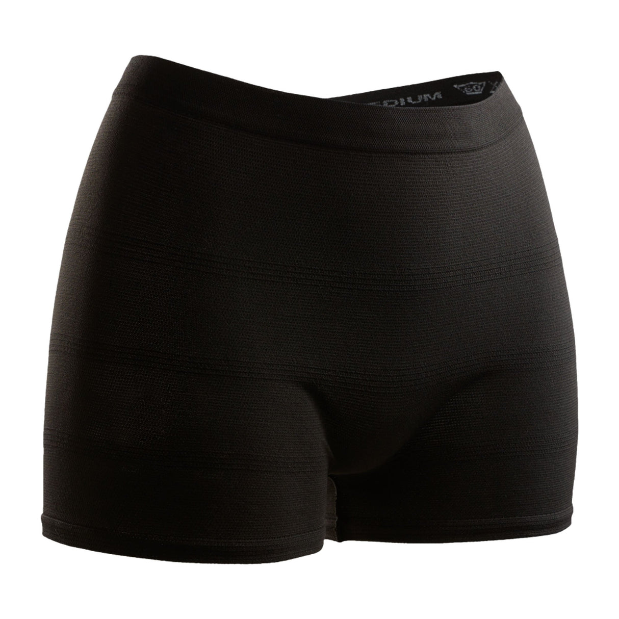 Seni Knit Incontinence Supporting Pants by Seni shown on a plain white background. These reusable black shorts offer a seamless, form-fitting, mid-thigh design with a high waistband for supportive comfort inspired by incontinence wear.