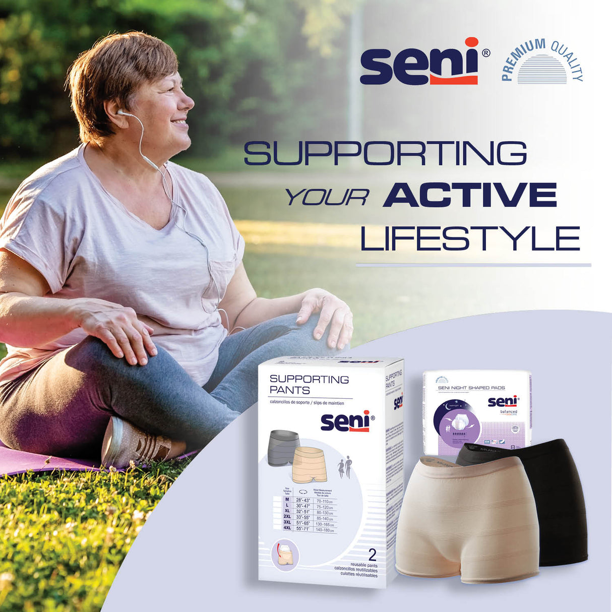 A smiling older woman in athletic wear sits cross-legged on a yoga mat outdoors beside Seni Knit Incontinence Supporting Pants, Reusable. The text reads: Seni—Supporting your active lifestyle.
