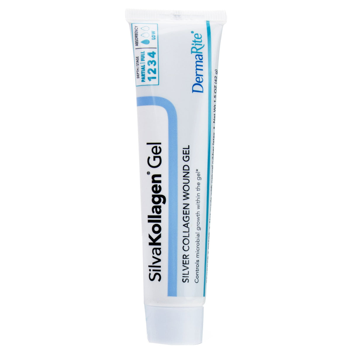A tube of Dermarite SilvaKollagen Gel Silver Collagen Wound Gel, formulated with silver to help control microbial growth and support advanced wound care.