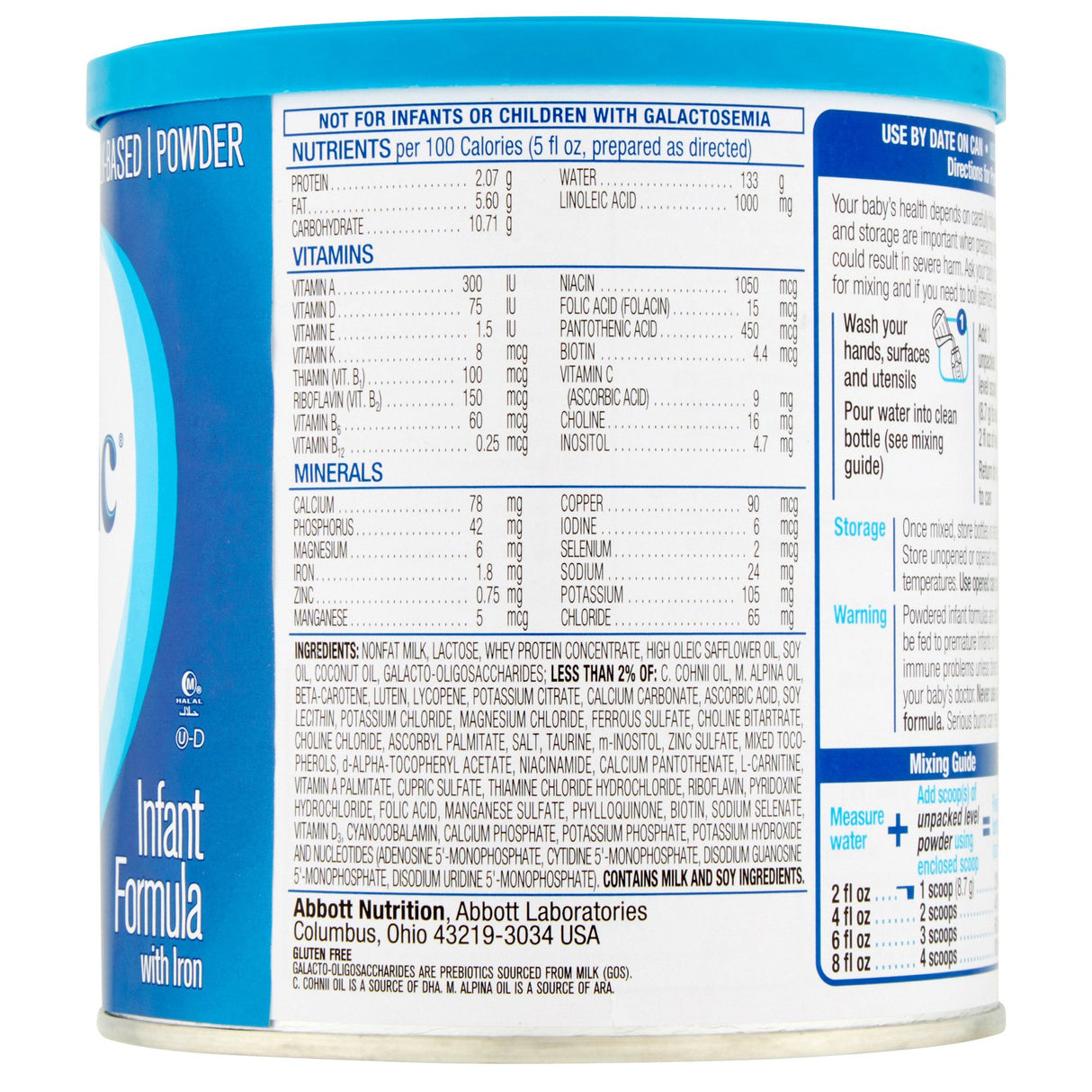 The back of a Similac Advance Infant Formula with Iron, Powder, 12.4 oz can displays nutrition facts, vitamins, minerals, ingredients, mixing guide, manufacturer info, and galactosemia warnings on a blue and white label with varied text sizes.