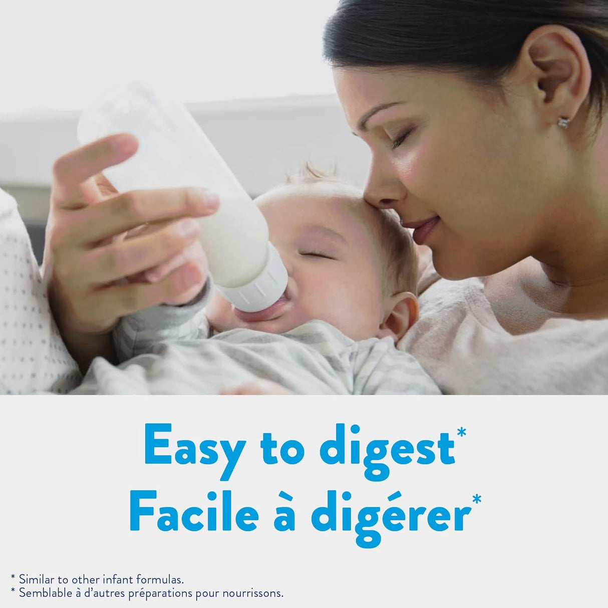 A woman smiles as she feeds a baby with Similac Advance Infant Formula with Iron, Powder, 12.4 oz Can. Text reads Easy to digest / Facile à digérer. Small print mentions similarities to other infant formulas. Brand: Similac.