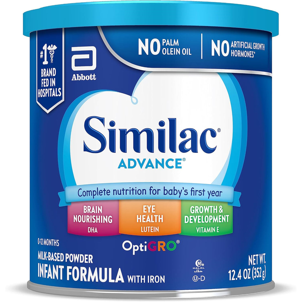 Similac Advance Infant Formula with Iron, 12.4 oz can, supports brain and eye health and growth for babies 0–12 months. No palm olein oil or artificial growth hormones. Brand: Similac.