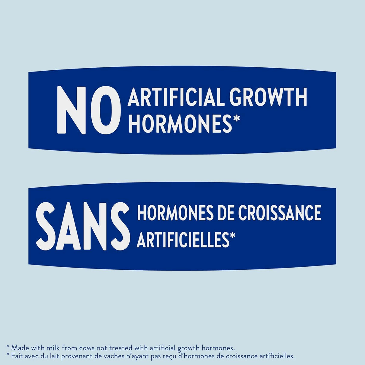 A blue banner with white text reads NO ARTIFICIAL GROWTH HORMONES* in English and SANS HORMONES DE CROISSANCE ARTIFICIELLES* in French—emphasizing the quality of Similac Advance Infant Formula with Iron, Powder, 12.4 oz Can. Small print clarifies the milk statement.