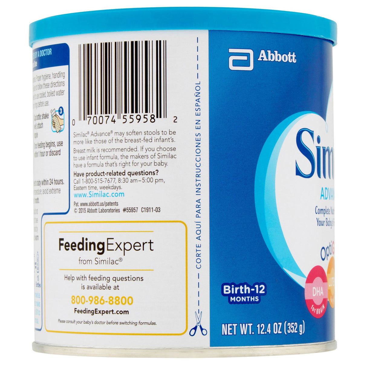 A close-up of a Similac Advance Infant Formula with Iron, Powder, 12.4 oz can, shows the label with FeedingExpert contact, barcode, Abbott logo, and feeding help text. Designed for infants from birth to 12 months. Brand: Similac.