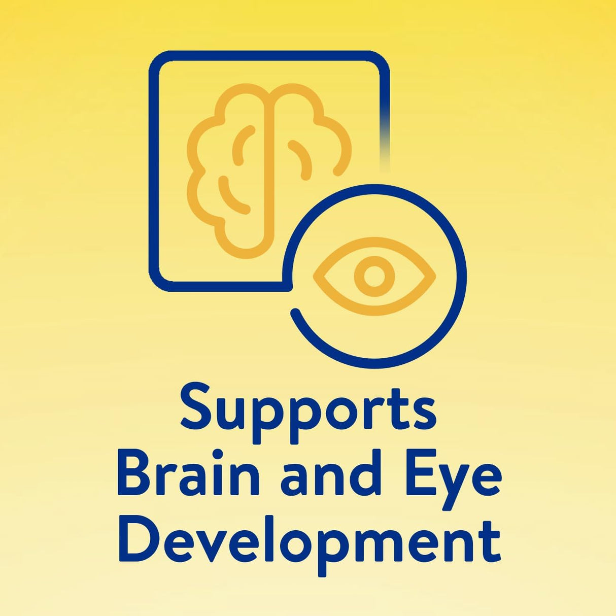 A yellow gradient graphic with a brain and eye icon above text reading Supports Brain and Eye Development highlights Similac NeoSure Premature Post-Discharge Infant Formula, Ready-to-Feed, 32-fl-oz Bottle by Similac.