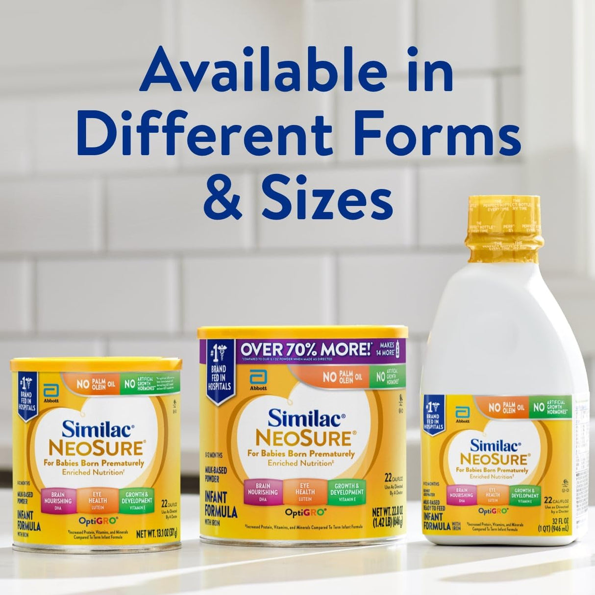 Three containers of Similac NeoSure Premature Post-Discharge Infant Formula, including two cans and one 32-fl-oz Ready-to-Feed bottle, are on a countertop. Text above says: Available in Different Forms & Sizes. Brand: Similac.