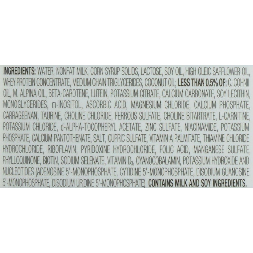 The Similac NeoSure Premature Post-Discharge Infant Formula (32-fl-oz, Ready-to-Feed) includes water, nonfat milk, corn syrup solids, oils, vitamins, minerals, flavorings (some under 0.5%), and contains milk and soy.