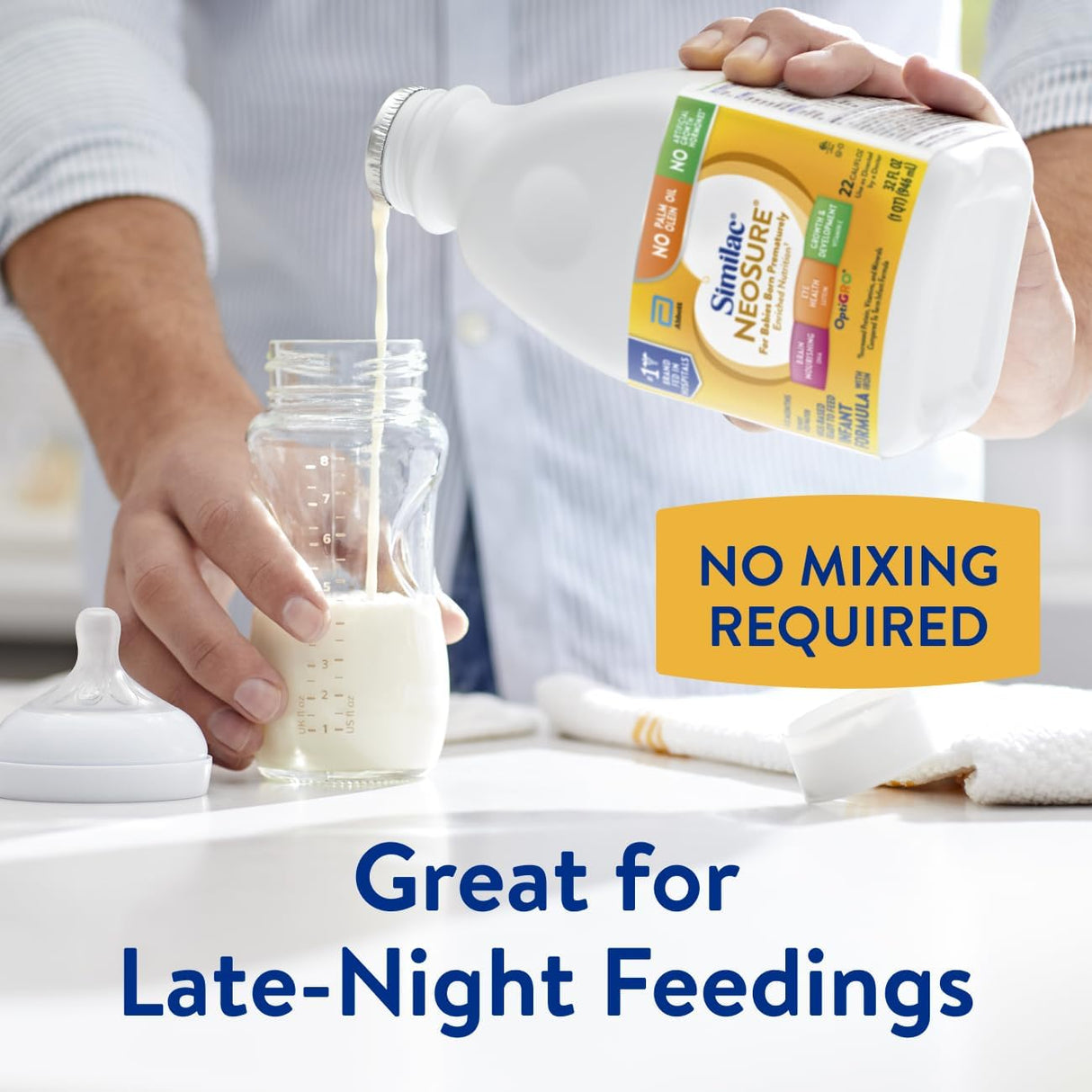 A parent pours Similac NeoSure Premature Post-Discharge Infant Formula, Ready-to-Feed, 32-fl-oz (Similac) into a baby bottle. Text reads: NO MIXING REQUIRED and Great for Late-Night Feedings.