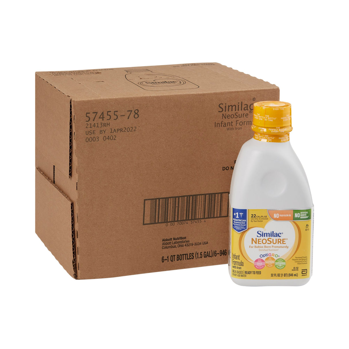 A 32-fl-oz bottle of Similac NeoSure Premature Post-Discharge Ready-to-Feed Infant Formula is placed in front of a brown cardboard shipping box labeled with Similac product information.