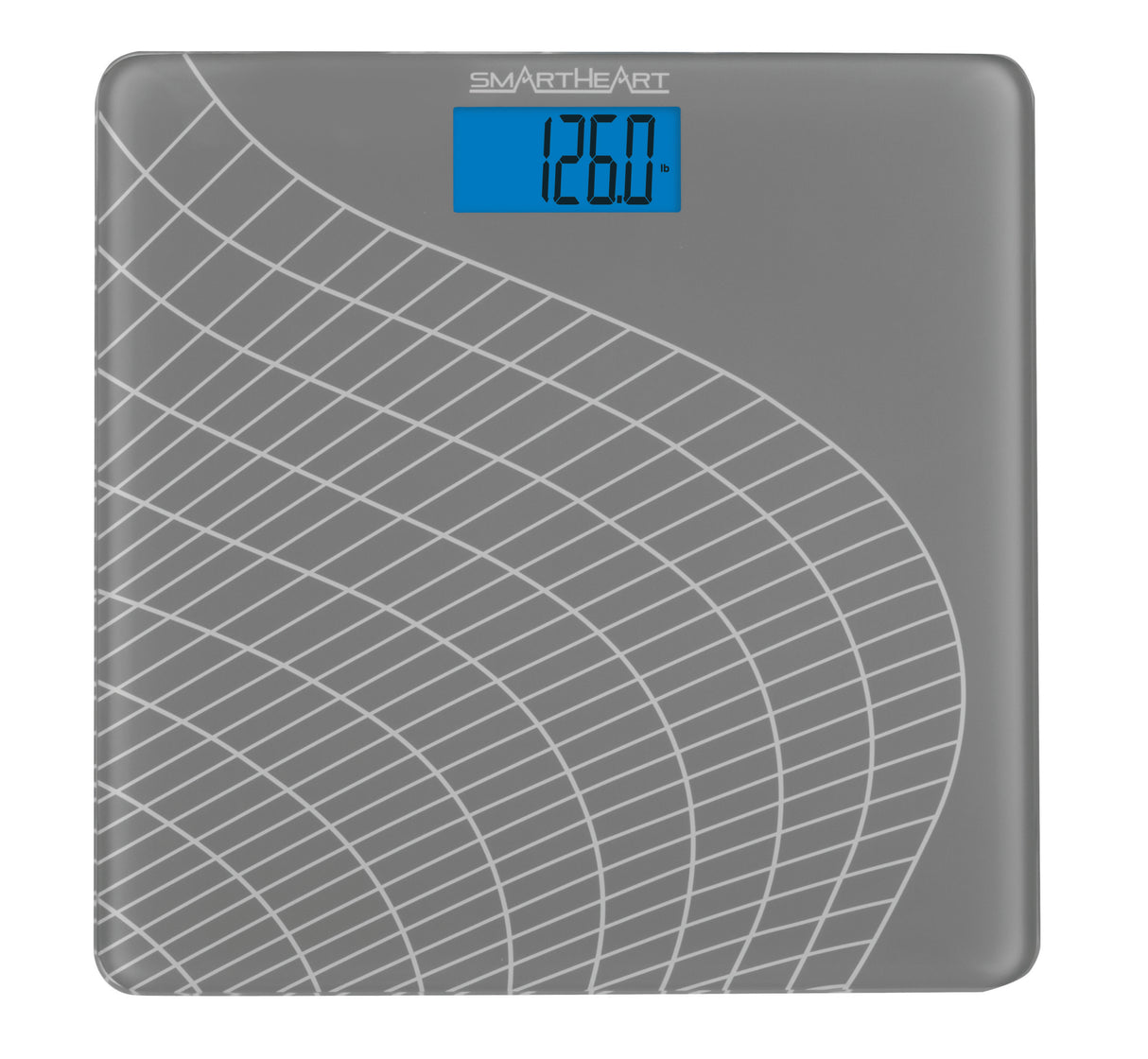 The Veridian Healthcare SmartHeart Digital Talking Scale features a gray surface with white curved lines, a backlit display showing 126.0 lbs, and supports weights up to 438 lbs.
