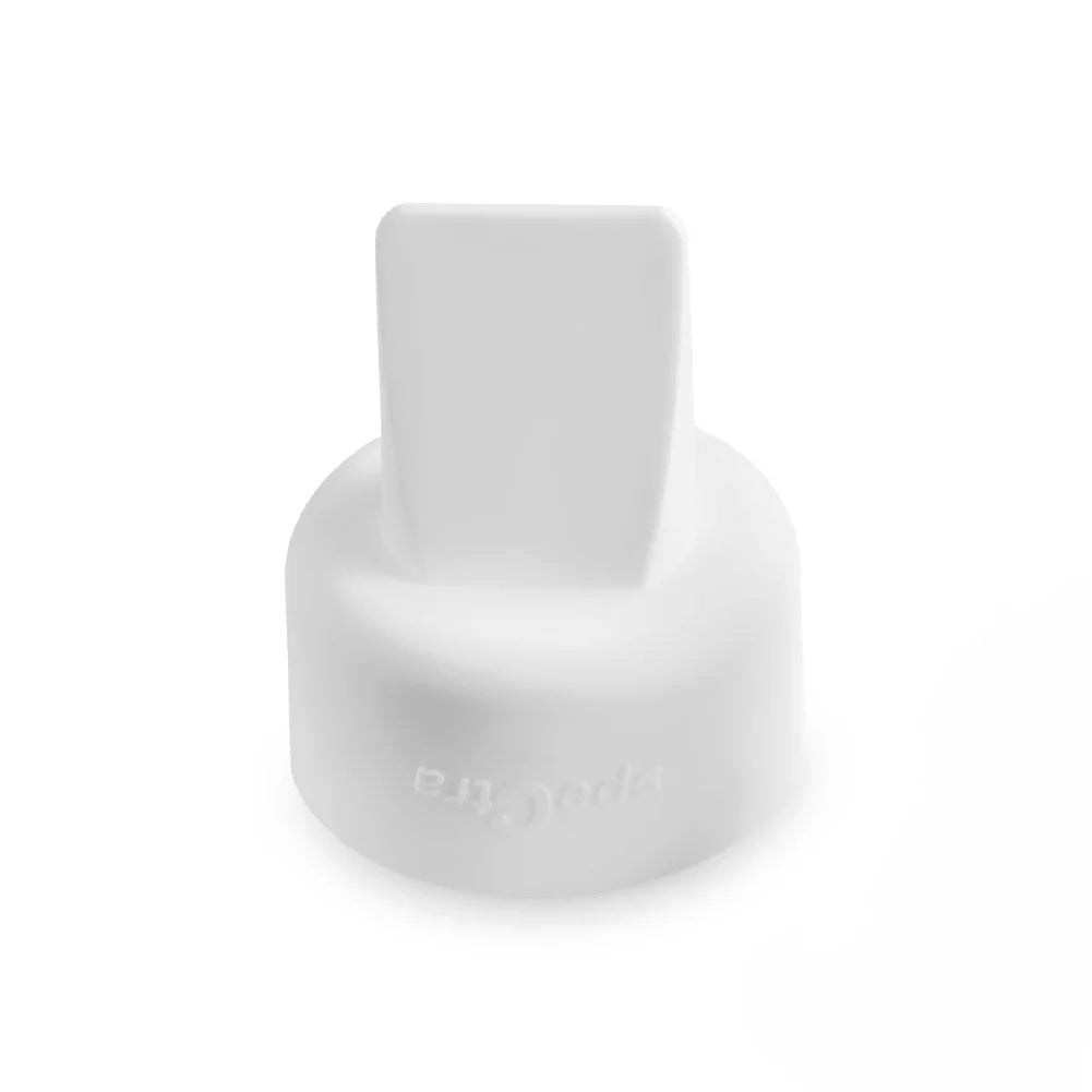 A white plastic spout cap with a flat, rectangular tab—part of the Spectra Wide Neck Breast Flange Kit by Spectra, ideal as a replacement part for your Spectra breast pump—shown on a plain white background.