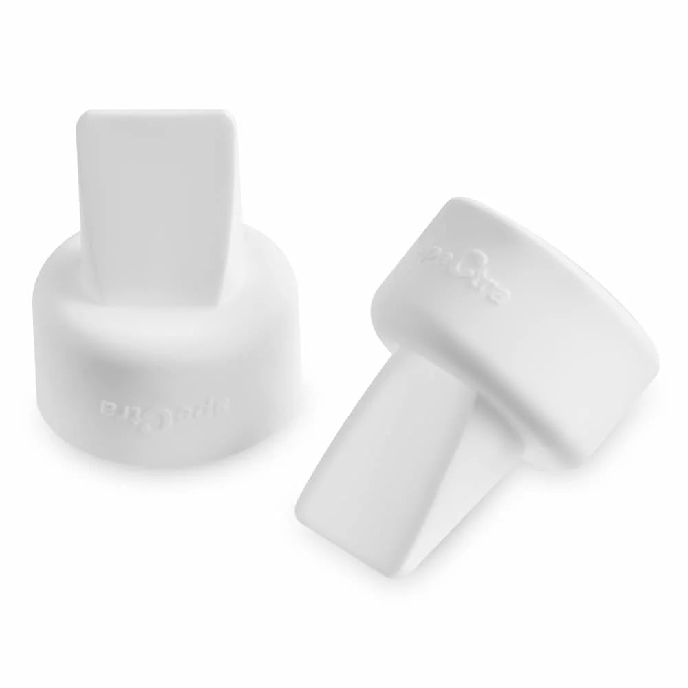 Two white Spectra Duckbill Valve Set breast pump parts, each with a rectangular nozzle, are shown from different angles on a white background. Brand: Spectra.