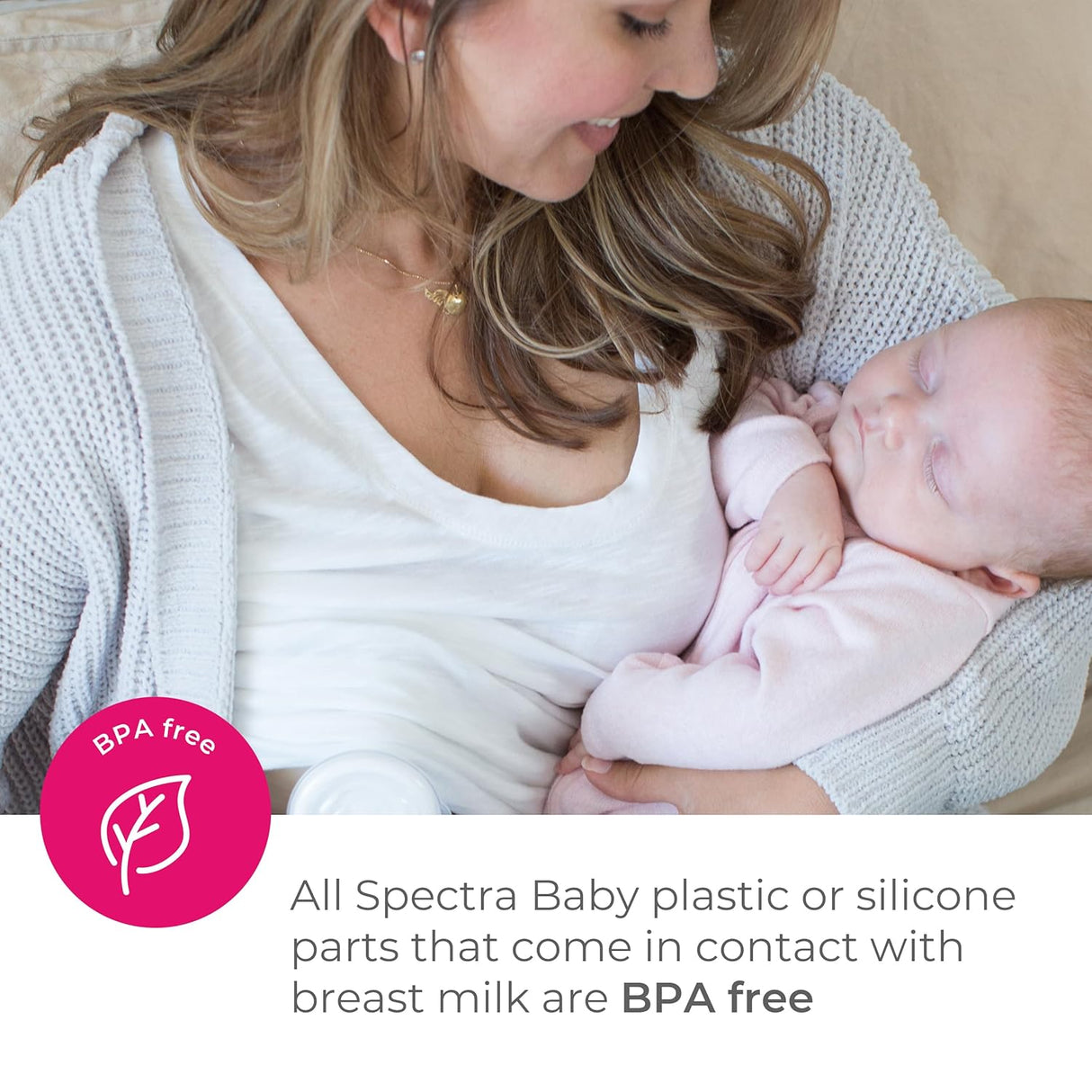 A mother cradles her sleeping baby while holding a bottle. Text states: All Spectra plastic or silicone parts that contact milk, including the Spectra Handy Plus Manual Breast Pump, are BPA free.