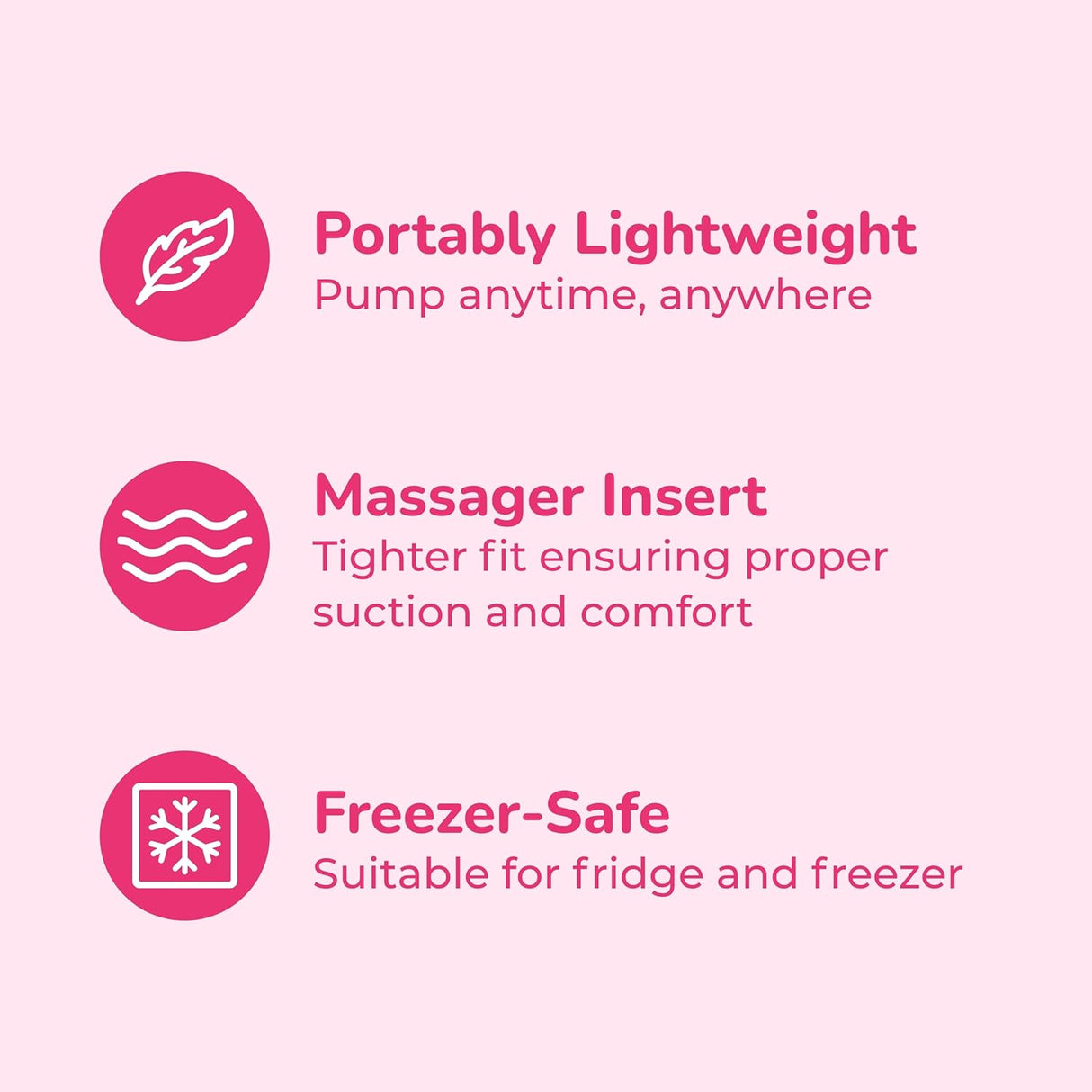 Infographic on a pink background with three icons and text: Portably Lightweight—use the Spectra Handy Plus Manual Breast Pump anytime, anywhere; Massager Insert for comfort; Freezer-Safe—suitable for fridge and freezer. Brand: Spectra.