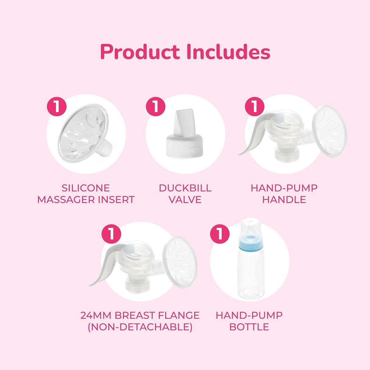 Image shows six parts of the Spectra Handy Plus Manual Breast Pump: silicone massager insert, duckbill valve, hand-pump handle, 24mm non-detachable breast flange, and hand-pump bottle. Each part is labeled with a red “1.”.
