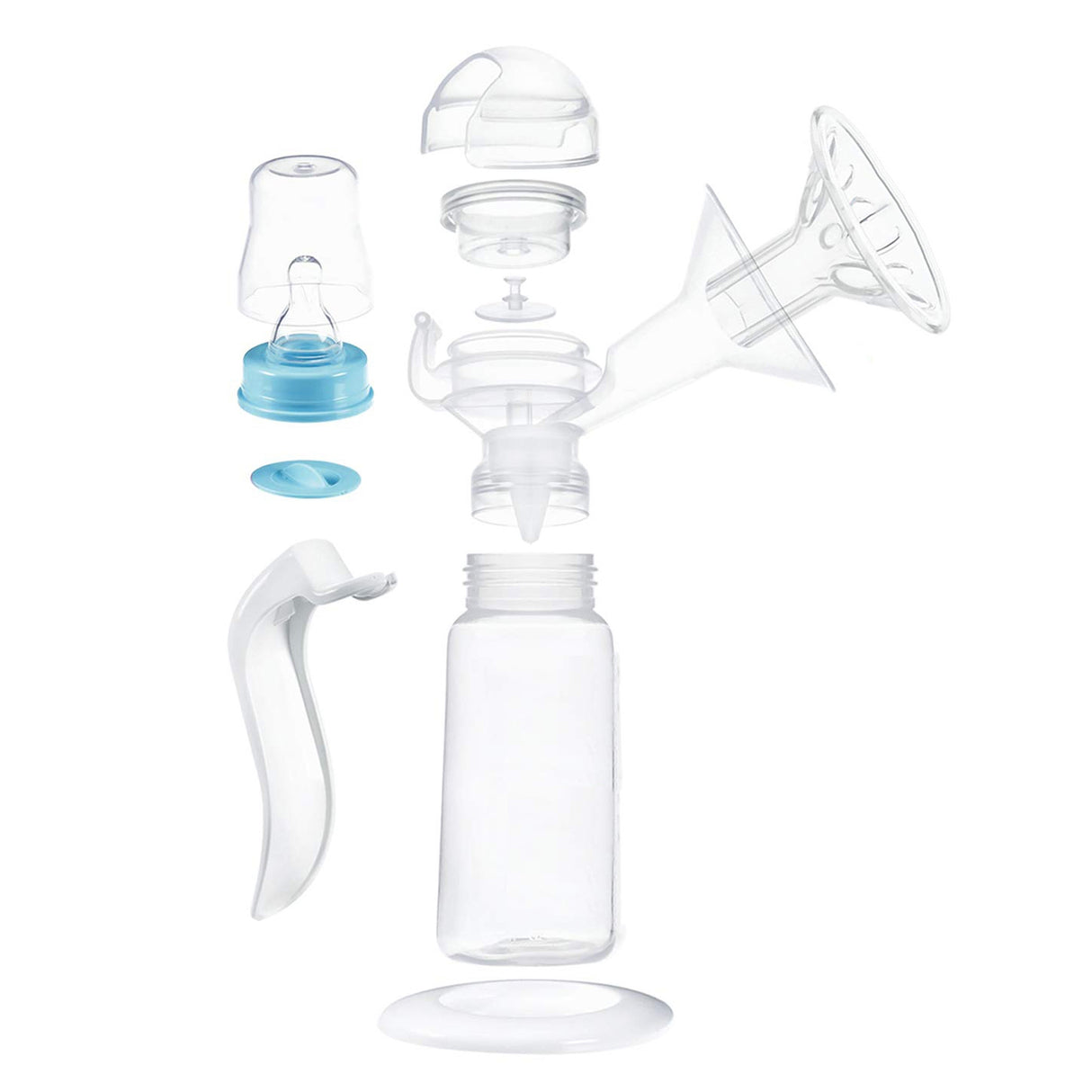 An exploded view of the Spectra Handy Plus Manual Breast Pump by Spectra, displaying all parts—bottle, nipple, handle, valves, suction flange, and caps—neatly arranged for a comfortable and portable pumping experience.