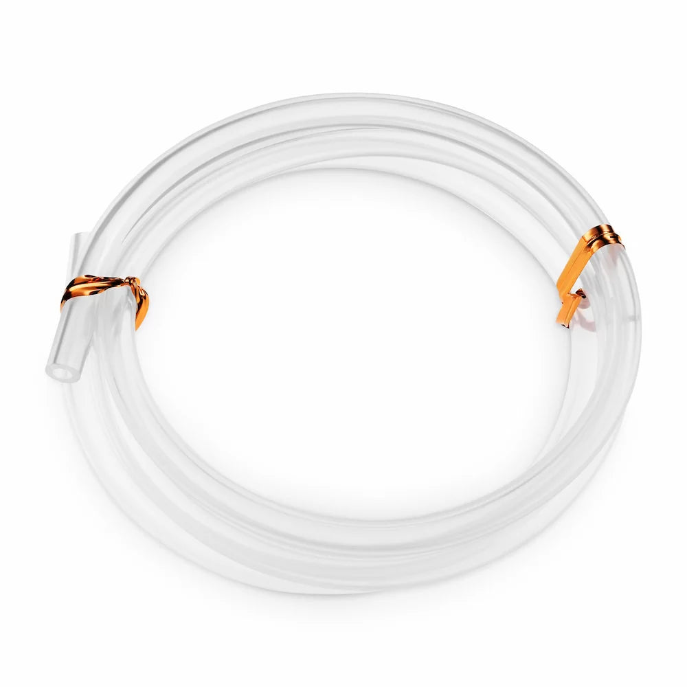 Spectra Replacement Tubing by Spectra is shown coiled and transparent, BPA free, and secured with two orange twist ties as a breast pump replacement against a white background.