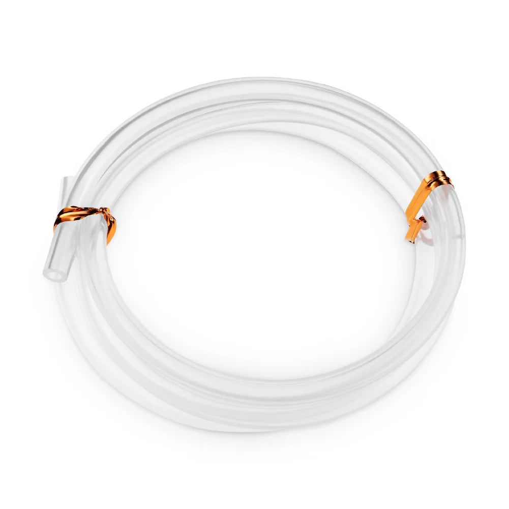A transparent coiled tube from the Spectra Wide Neck Breast Flange Kit by Spectra is secured with two orange zip ties and displayed on a white background, making it ideal as a breast pump replacement part.