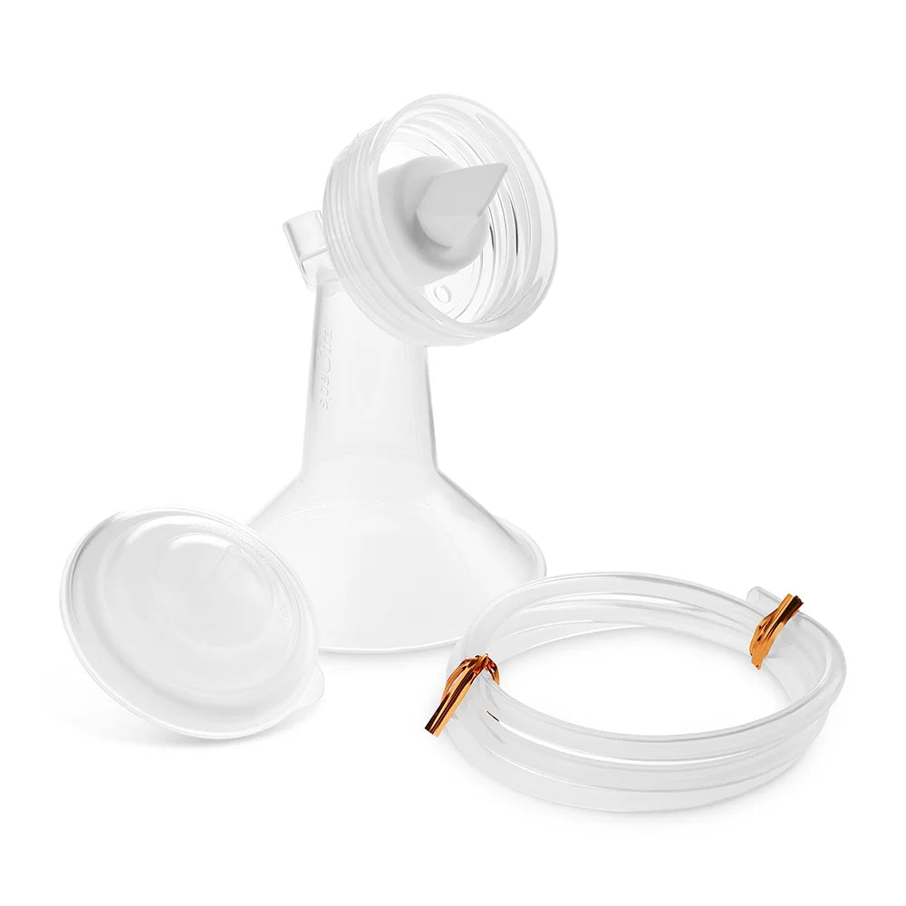 The Spectra Wide Neck Breast Flange Kit by Spectra, featuring a clear plastic flange, silicone diaphragm, and sealing ring with latch, is displayed on a white background—perfect as replacement parts for your breast pump.
