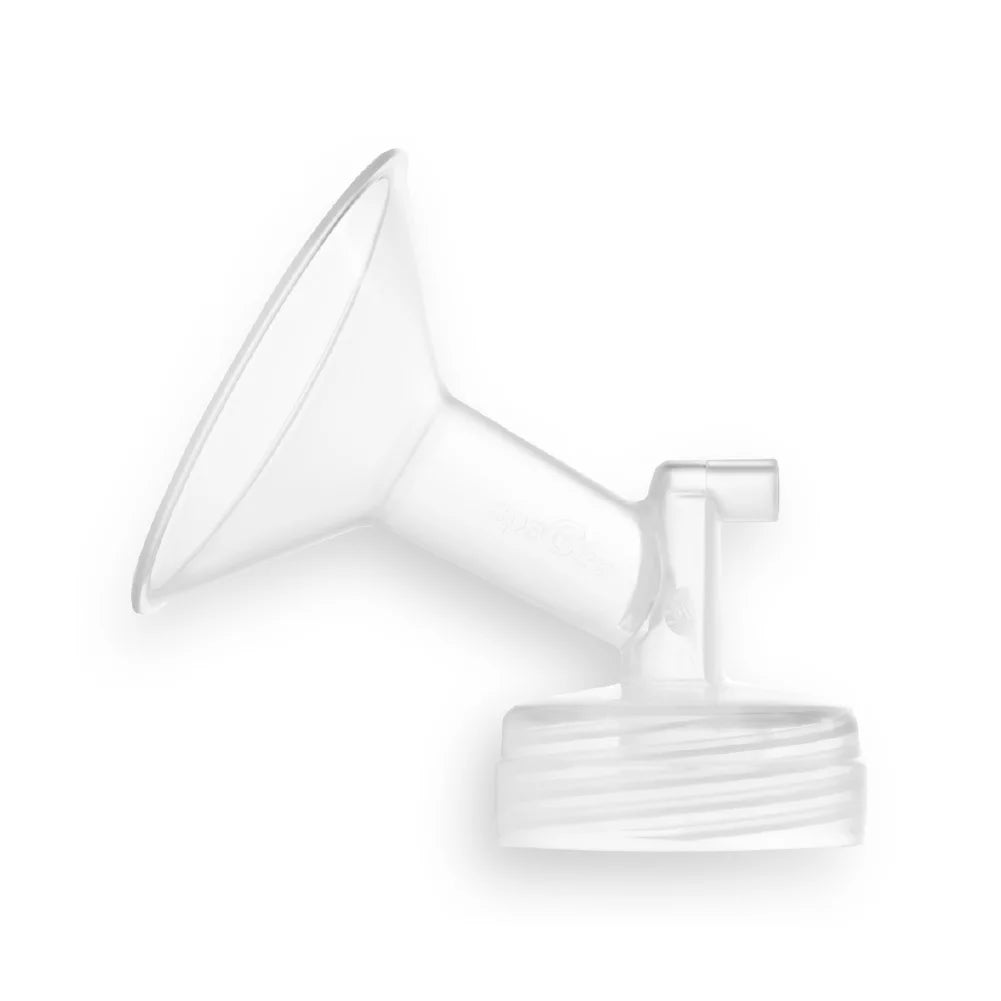 The Spectra Wide Neck Breast Flange Kit by Spectra features a clear plastic, funnel-shaped flange with a threaded base for secure attachment to milk bottles—an essential replacement breast pump part. Shown on a plain white background.