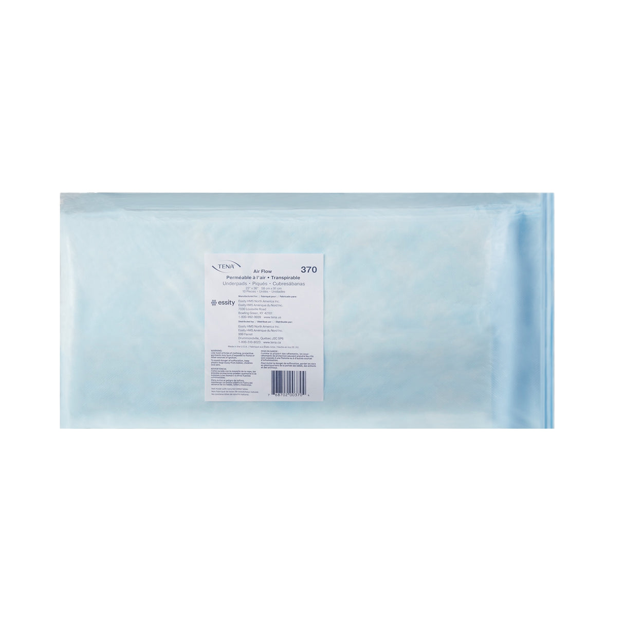 The TENA Air Flow Underpads, Moderate Absorbency, are rectangular and translucent blue with super absorbent polymers and a central white label. Displayed on a white background, they’re ideal for low air loss therapy beds.