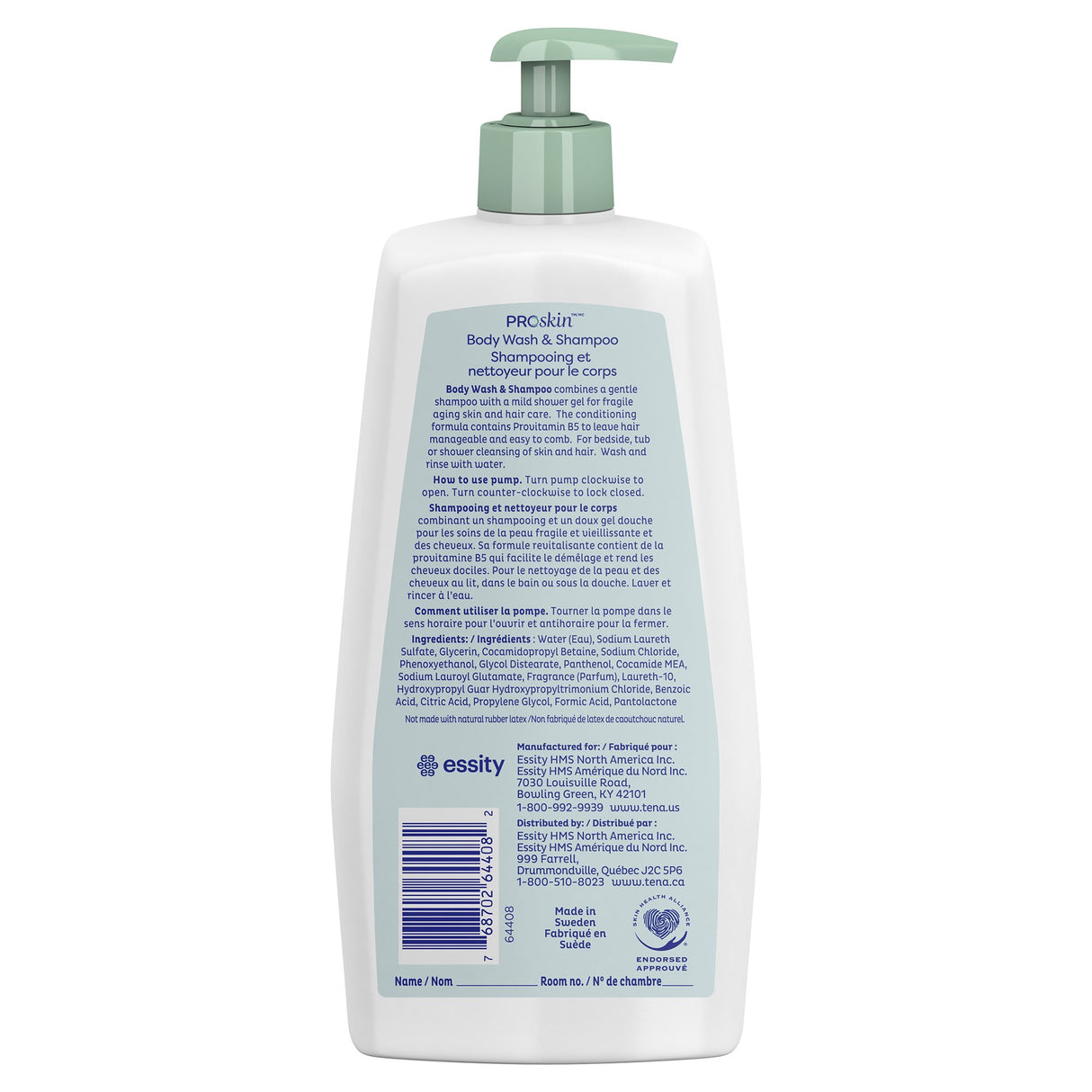 The back label of the TENA ProSkin Body Wash & Shampoo Fragrance Free bottle with a green pump shows pH-balanced cleansing instructions, product details, ingredients, and manufacturer info in English and French.